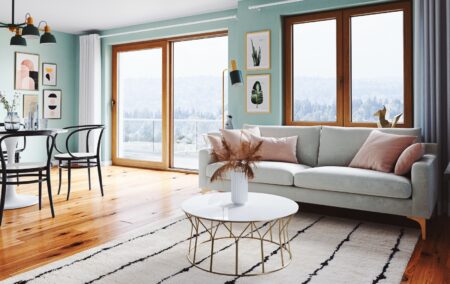 new visualization of OKNOPLAST SLIDE patio door + PRISMATIC window, Woodec Turner Oak Malt colour, gold Pixel handle for window