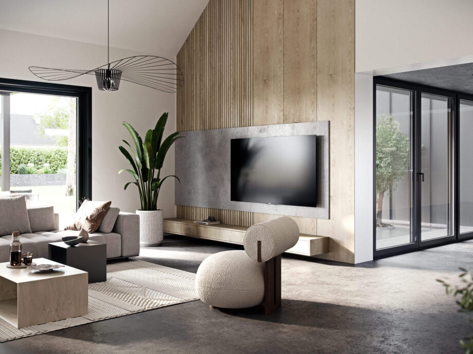 Salon z oknami PAVA i drzwiami tarasowymi HST MOTION S