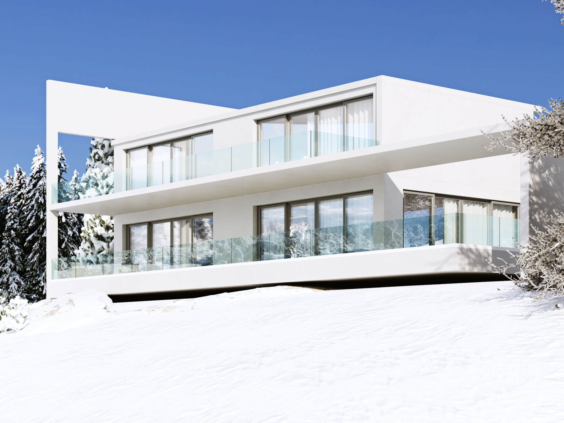 Dom exterior zima z drzwiami tarasowymi HST MOTION Fenstergrau Matt