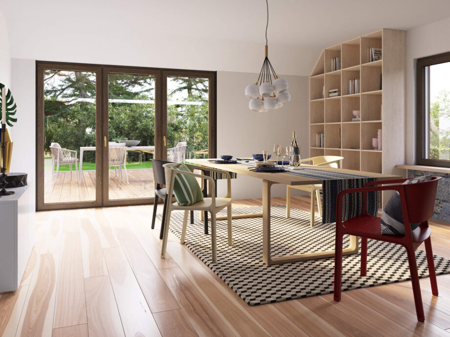 Jadalnia z oknami balkonowymi PRISMATIC w kolorze orzech.