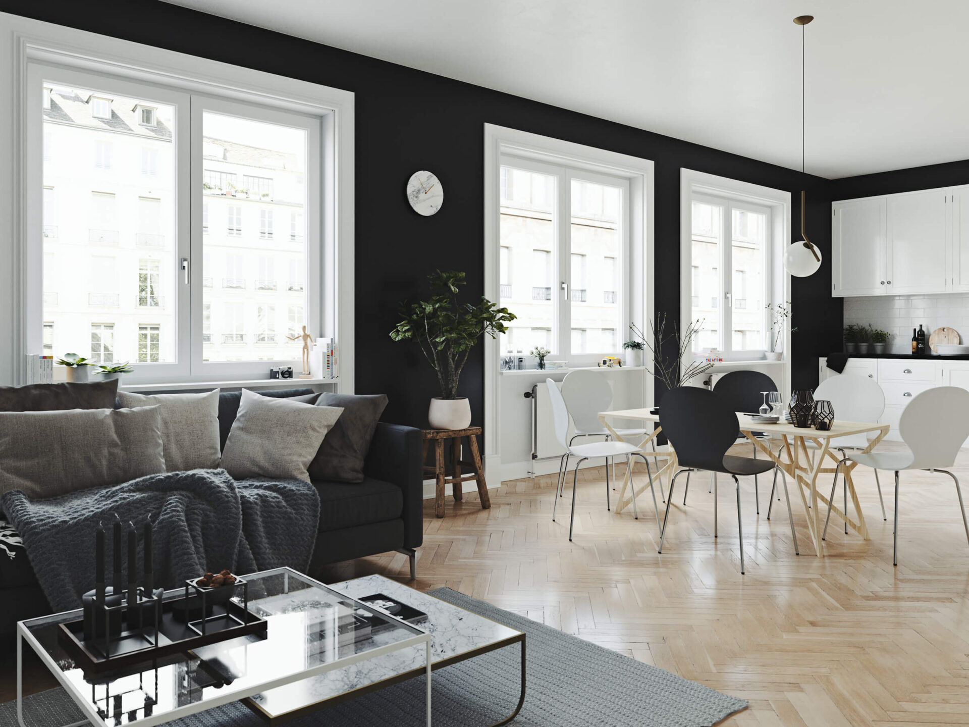 Salon z aneksem kuchennym i jadalnią z oknami PRISMATIC