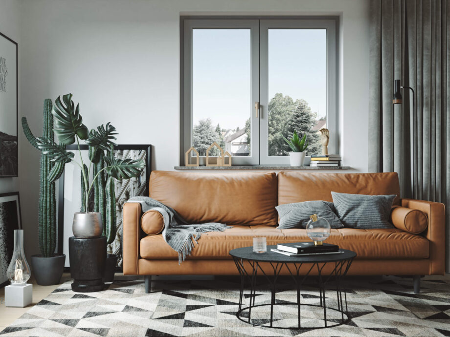 Salon z oknami PRISMATIC w kolorze beton