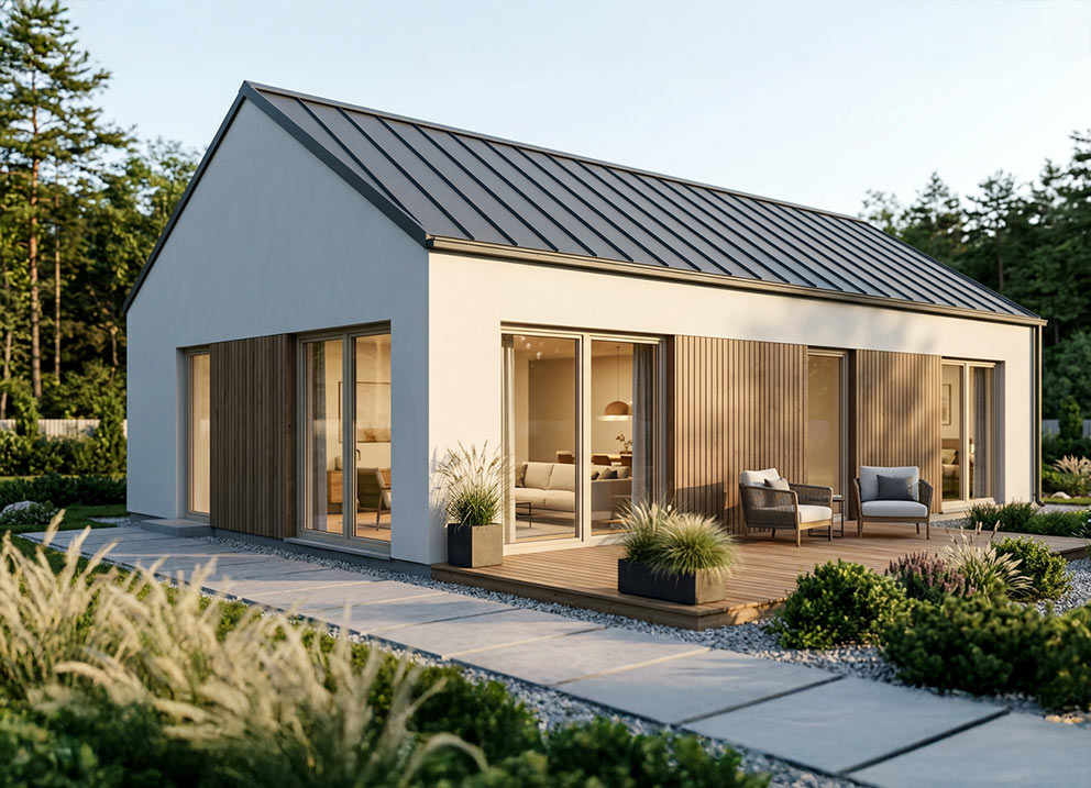 Dom parterowy z oknami Pava w kolorze Sheffield oak