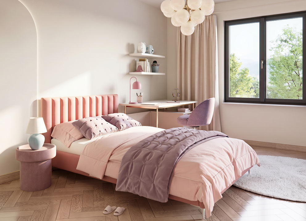 Sypialnia w kolorze Cloud Dancer z oknem Pilar w kolorze onix