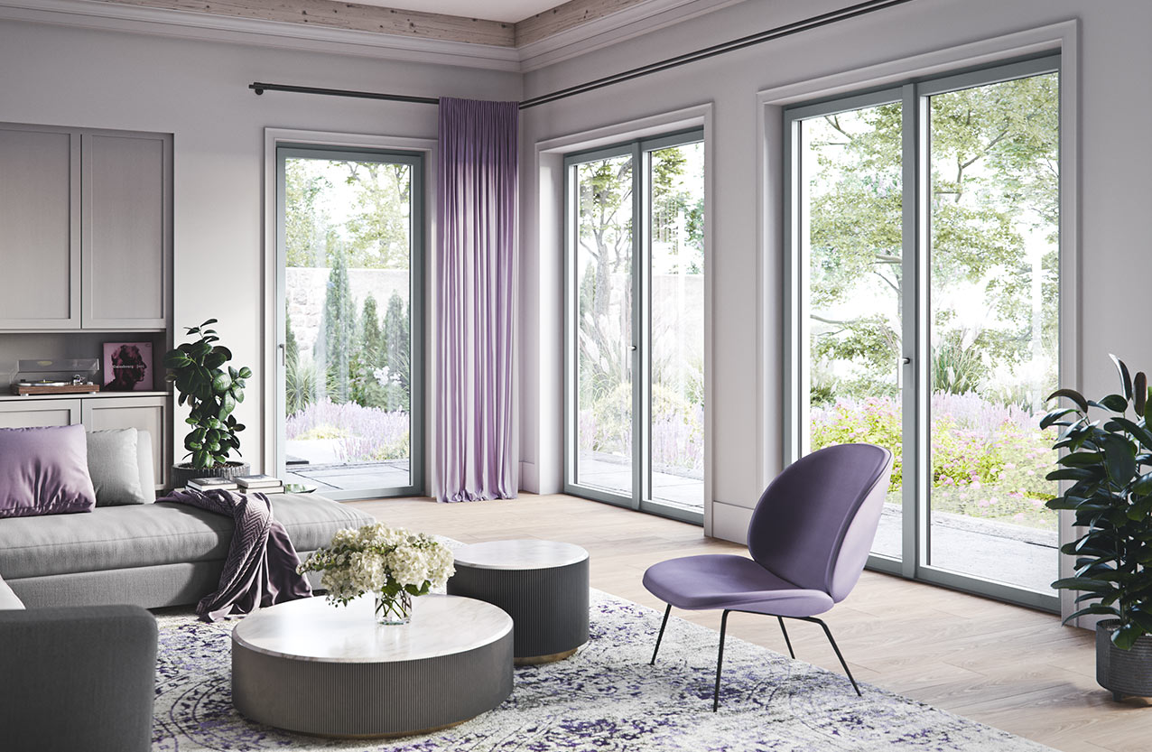 Salon z oknami PILAR w kolorze Fenstergrau matt