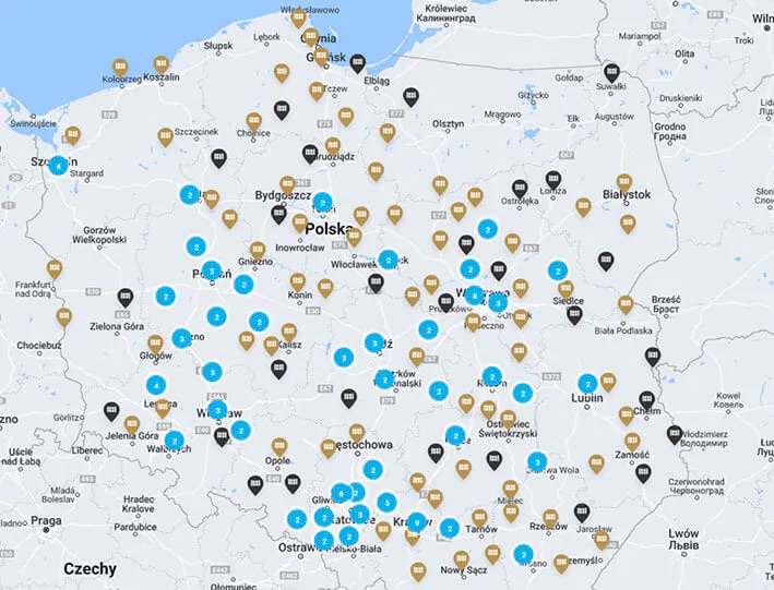 Mapa Polski z lokalizacjami salonów OKNOPLAST